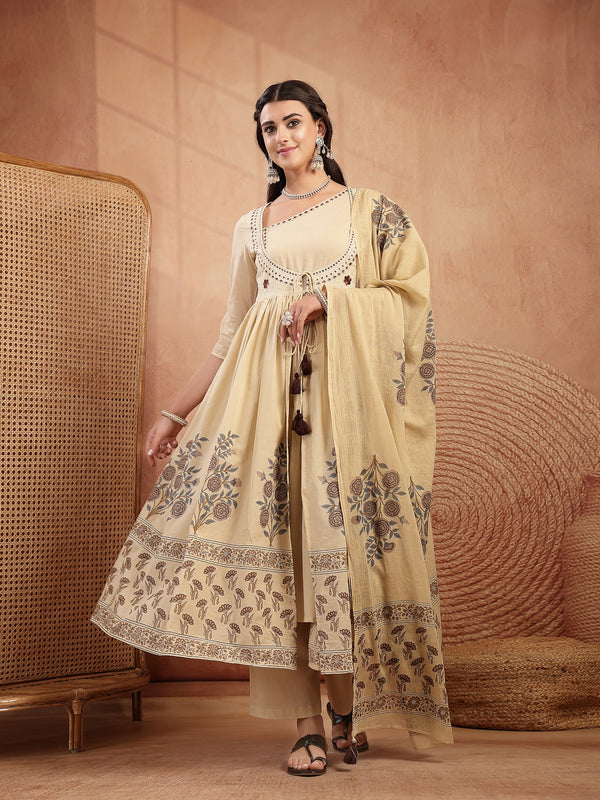Gulmohar Jaipur Cotton Calf Length Printed 3/4 Sleeves Round Neck Flared Kurta Suit Set
