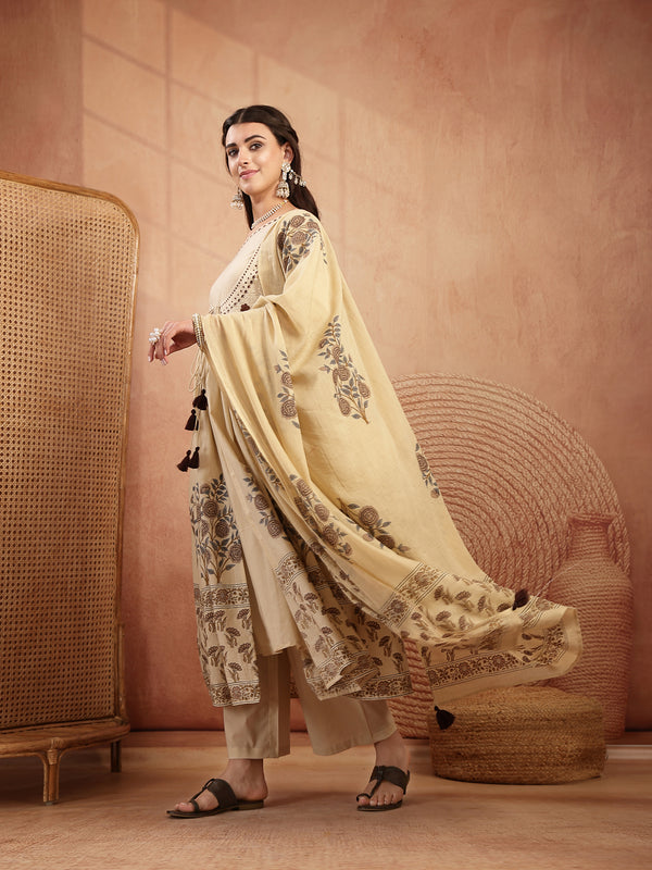 Gulmohar Jaipur Cotton Calf Length Printed 3/4 Sleeves Round Neck Flared Kurta Suit Set