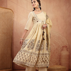 Gulmohar Jaipur Cotton Calf Length Printed 3/4 Sleeves Round Neck Flared Kurta Suit Set
