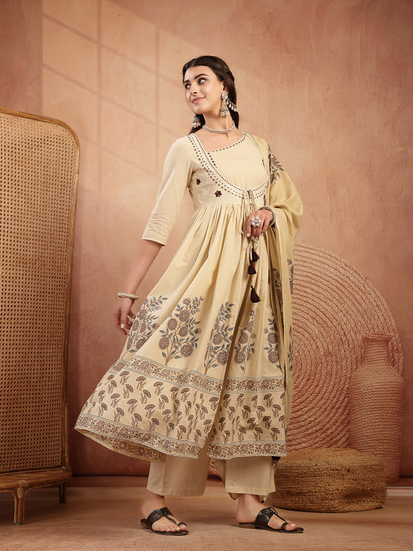 Gulmohar Jaipur Cotton Calf Length Printed 3/4 Sleeves Round Neck Flared Kurta Suit Set