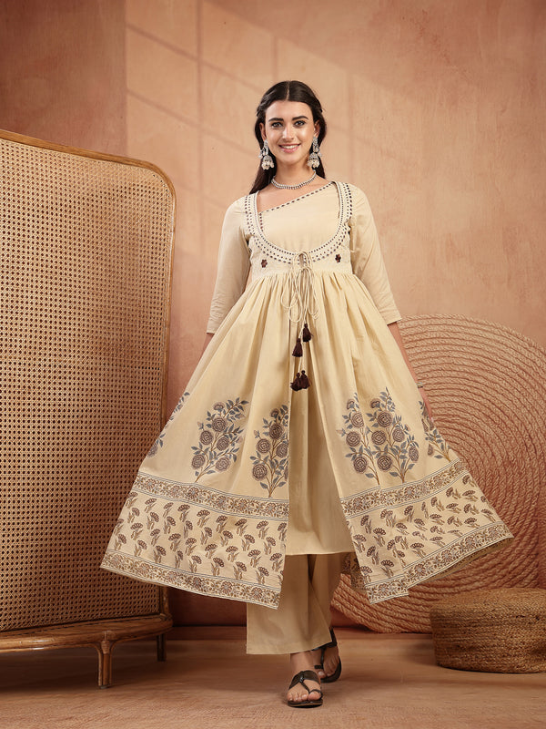 Gulmohar Jaipur Cotton Calf Length Printed 3/4 Sleeves Round Neck Flared Kurta Suit Set