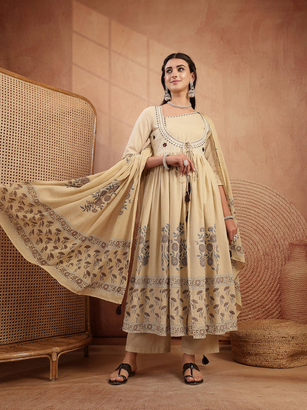 Gulmohar Jaipur Cotton Calf Length Printed 3/4 Sleeves Round Neck Flared Kurta Suit Set