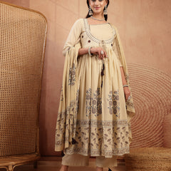 Gulmohar Jaipur Cotton Calf Length Printed 3/4 Sleeves Round Neck Flared Kurta Suit Set