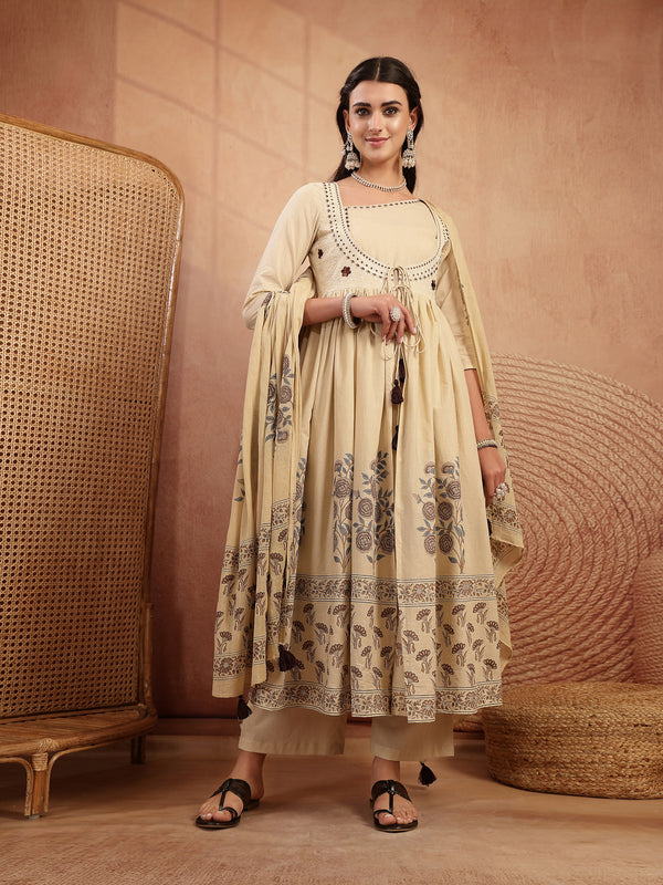 Gulmohar Jaipur Cotton Calf Length Printed 3/4 Sleeves Round Neck Flared Kurta Suit Set