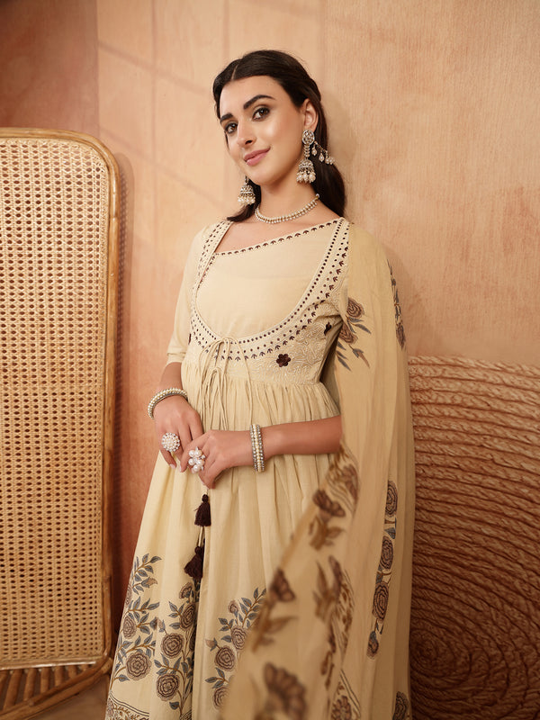 Gulmohar Jaipur Cotton Calf Length Printed 3/4 Sleeves Round Neck Flared Kurta Suit Set