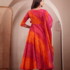 Gulmohar Jaipur Cotton Calf Length Printed 3/4 Sleeves V-Neck Flared Kurta Suit Set