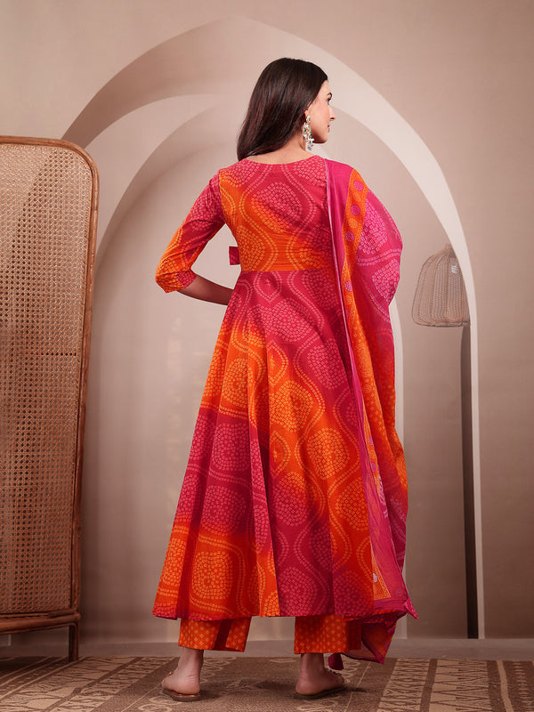 Gulmohar Jaipur Cotton Calf Length Printed 3/4 Sleeves V-Neck Flared Kurta Suit Set
