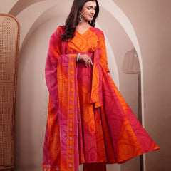 Gulmohar Jaipur Cotton Calf Length Printed 3/4 Sleeves V-Neck Flared Kurta Suit Set