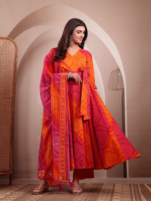 Gulmohar Jaipur Cotton Calf Length Printed 3/4 Sleeves V-Neck Flared Kurta Suit Set