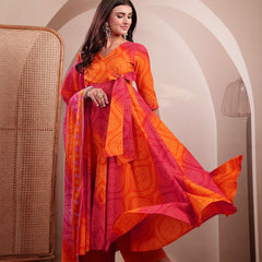 Gulmohar Jaipur Cotton Calf Length Printed 3/4 Sleeves V-Neck Flared Kurta Suit Set