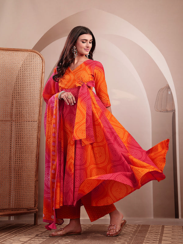 Gulmohar Jaipur Cotton Calf Length Printed 3/4 Sleeves V-Neck Flared Kurta Suit Set
