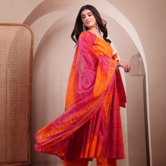 Gulmohar Jaipur Cotton Calf Length Printed 3/4 Sleeves V-Neck Flared Kurta Suit Set