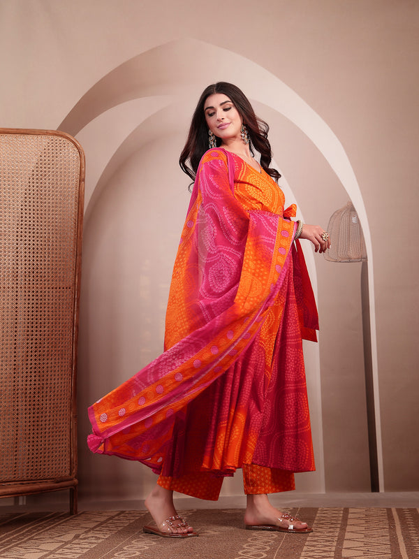 Gulmohar Jaipur Cotton Calf Length Printed 3/4 Sleeves V-Neck Flared Kurta Suit Set