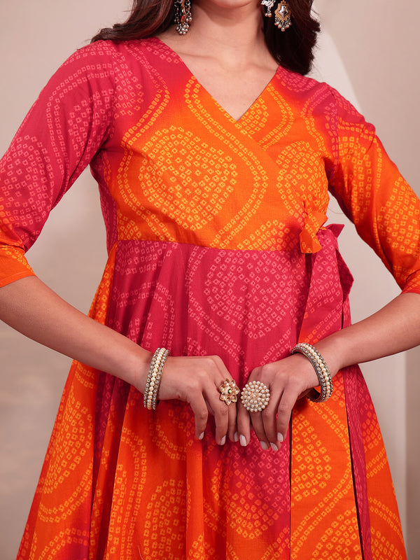 Gulmohar Jaipur Cotton Calf Length Printed 3/4 Sleeves V-Neck Flared Kurta Suit Set