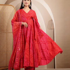 Gulmohar Jaipur Cotton Calf Length Printed 3/4 Sleeves V-Neck Flared Kurta Suit Set