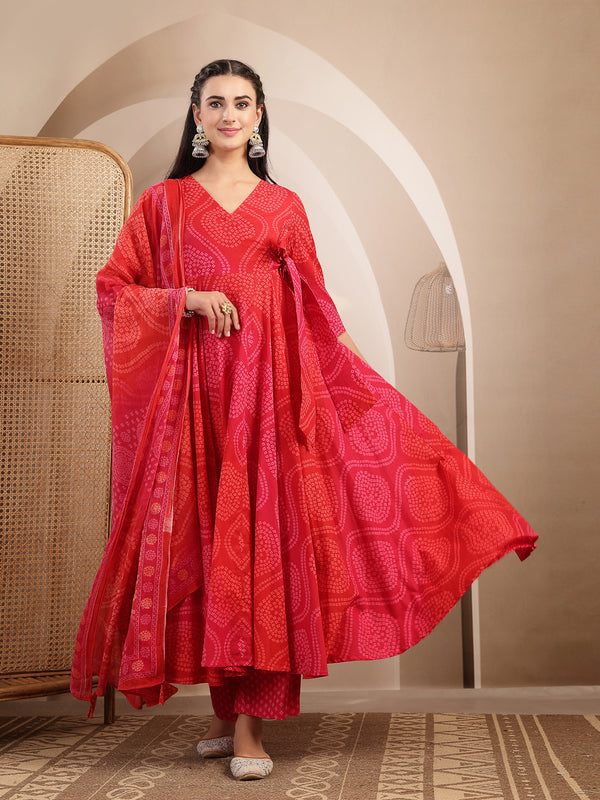 Gulmohar Jaipur Cotton Calf Length Printed 3/4 Sleeves V-Neck Flared Kurta Suit Set