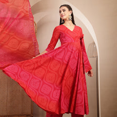 Gulmohar Jaipur Cotton Calf Length Printed 3/4 Sleeves V-Neck Flared Kurta Suit Set