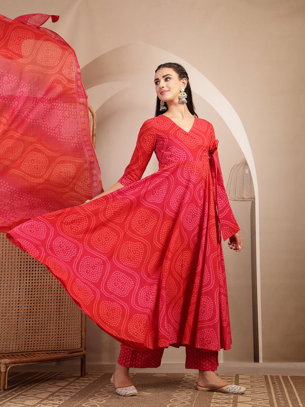 Gulmohar Jaipur Cotton Calf Length Printed 3/4 Sleeves V-Neck Flared Kurta Suit Set