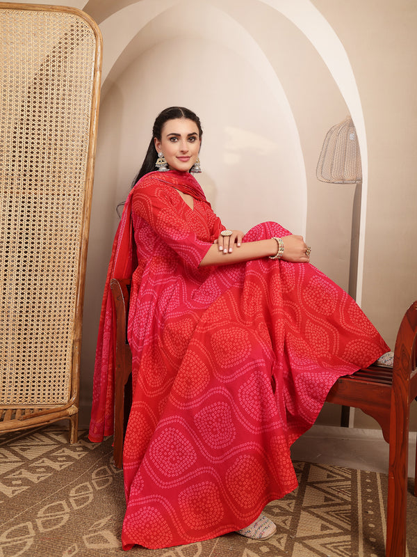 Gulmohar Jaipur Cotton Calf Length Printed 3/4 Sleeves V-Neck Flared Kurta Suit Set