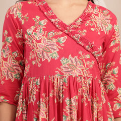Gulmohar Jaipur Cotton Calf Length Printed 3/4 Sleeves V-Neck Flared Kurta