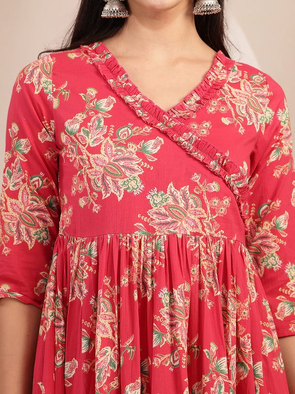 Gulmohar Jaipur Cotton Calf Length Printed 3/4 Sleeves V-Neck Flared Kurta