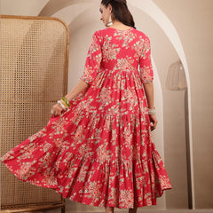 Gulmohar Jaipur Cotton Calf Length Printed 3/4 Sleeves V-Neck Flared Kurta