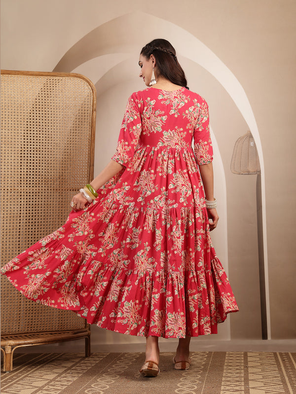 Gulmohar Jaipur Cotton Calf Length Printed 3/4 Sleeves V-Neck Flared Kurta
