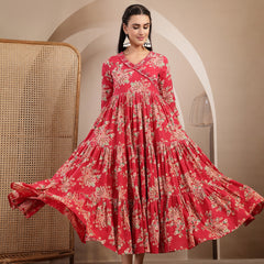 Gulmohar Jaipur Cotton Calf Length Printed 3/4 Sleeves V-Neck Flared Kurta