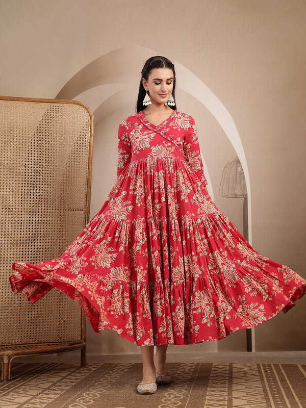 Gulmohar Jaipur Cotton Calf Length Printed 3/4 Sleeves V-Neck Flared Kurta
