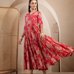 Gulmohar Jaipur Cotton Calf Length Printed 3/4 Sleeves V-Neck Flared Kurta