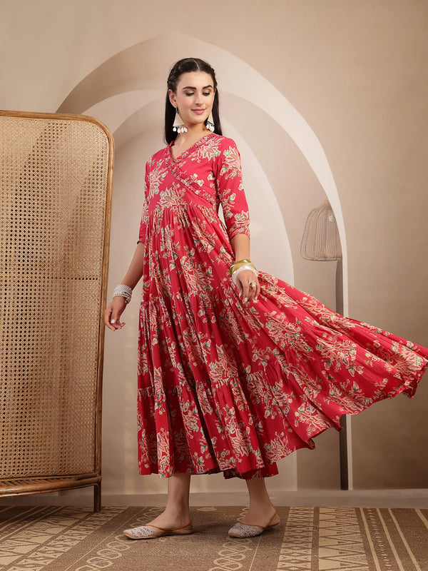 Gulmohar Jaipur Cotton Calf Length Printed 3/4 Sleeves V-Neck Flared Kurta