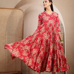 Gulmohar Jaipur Cotton Calf Length Printed 3/4 Sleeves V-Neck Flared Kurta