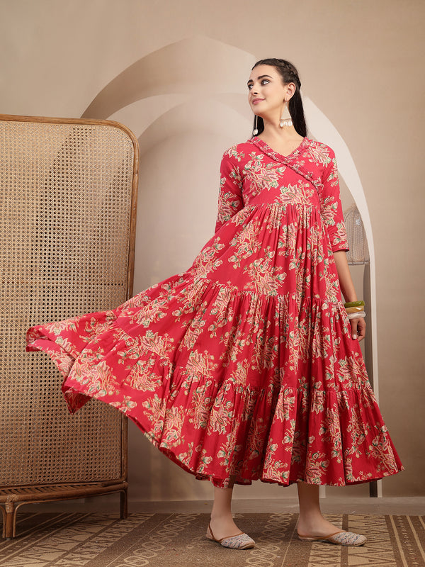 Gulmohar Jaipur Cotton Calf Length Printed 3/4 Sleeves V-Neck Flared Kurta