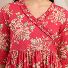 Gulmohar Jaipur Cotton Calf Length Printed 3/4 Sleeves V-Neck Flared Kurta