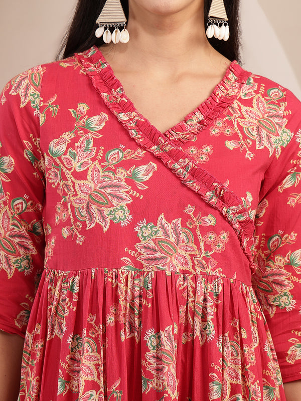 Gulmohar Jaipur Cotton Calf Length Printed 3/4 Sleeves V-Neck Flared Kurta