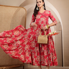 Gulmohar Jaipur Cotton Calf Length Printed 3/4 Sleeves V-Neck Flared Kurta