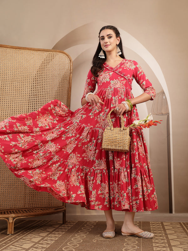 Gulmohar Jaipur Cotton Calf Length Printed 3/4 Sleeves V-Neck Flared Kurta