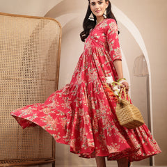 Gulmohar Jaipur Cotton Calf Length Printed 3/4 Sleeves V-Neck Flared Kurta