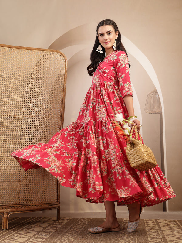 Gulmohar Jaipur Cotton Calf Length Printed 3/4 Sleeves V-Neck Flared Kurta