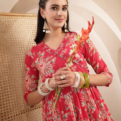 Gulmohar Jaipur Cotton Calf Length Printed 3/4 Sleeves V-Neck Flared Kurta