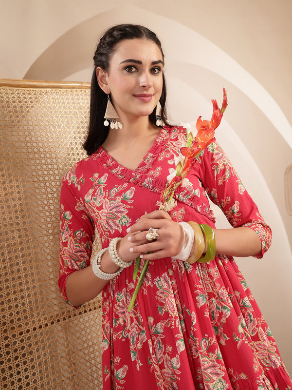 Gulmohar Jaipur Cotton Calf Length Printed 3/4 Sleeves V-Neck Flared Kurta