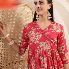 Gulmohar Jaipur Cotton Calf Length Printed 3/4 Sleeves V-Neck Flared Kurta