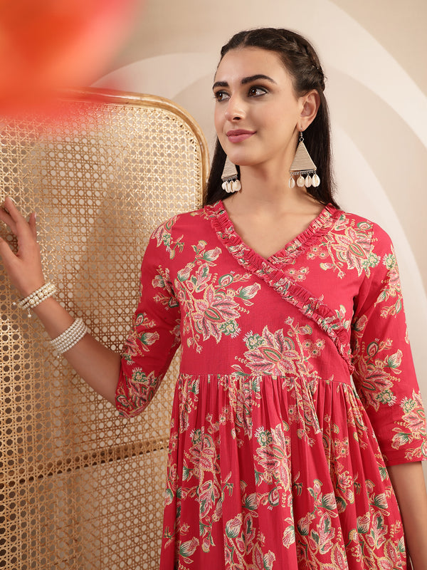 Gulmohar Jaipur Cotton Calf Length Printed 3/4 Sleeves V-Neck Flared Kurta