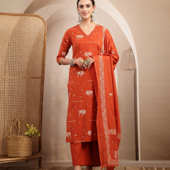 Gulmohar Jaipur Rayon Calf Length Printed 3/4 Sleeves V-Neck Straight Kurta Suit Set