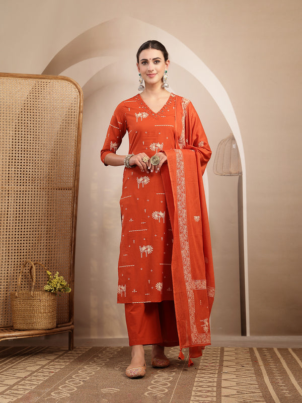 Gulmohar Jaipur Rayon Calf Length Printed 3/4 Sleeves V-Neck Straight Kurta Suit Set