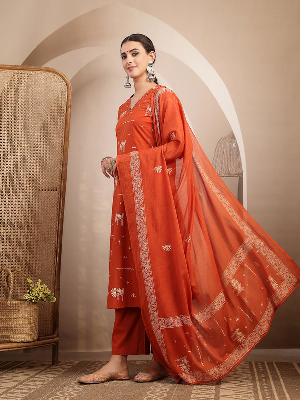 Gulmohar Jaipur Rayon Calf Length Printed 3/4 Sleeves V-Neck Straight Kurta Suit Set