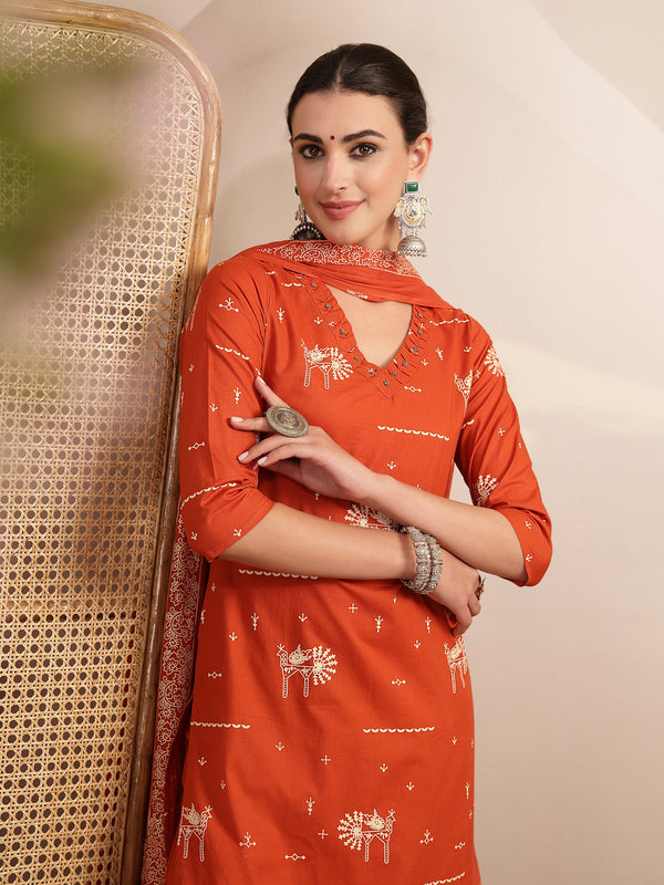 Gulmohar Jaipur Rayon Calf Length Printed 3/4 Sleeves V-Neck Straight Kurta Suit Set