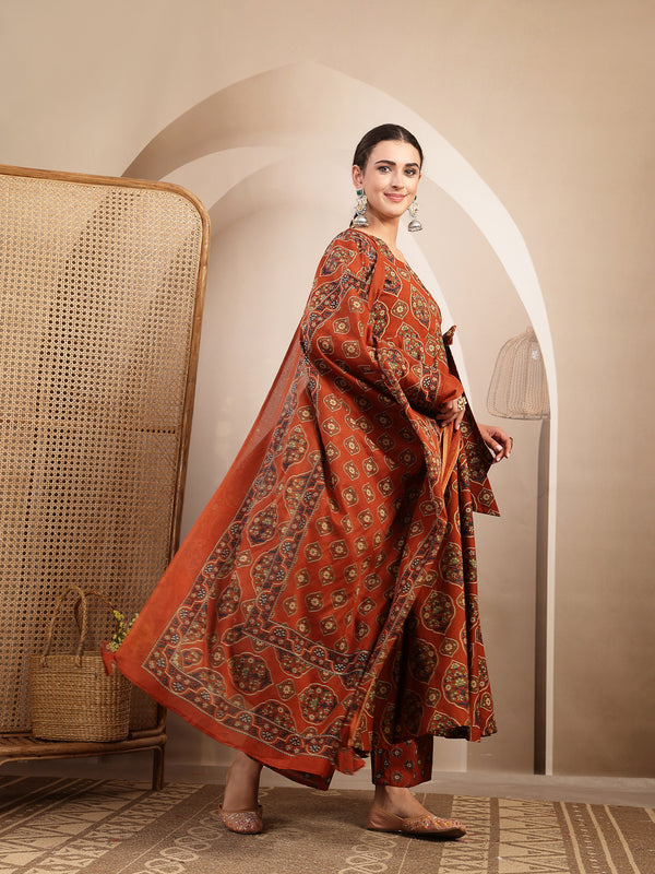 Gulmohar Jaipur Cotton Calf Length Printed 3/4 Sleeves V-Neck Anarkali Kurta Suit Set