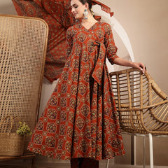 Gulmohar Jaipur Cotton Calf Length Printed 3/4 Sleeves V-Neck Anarkali Kurta Suit Set
