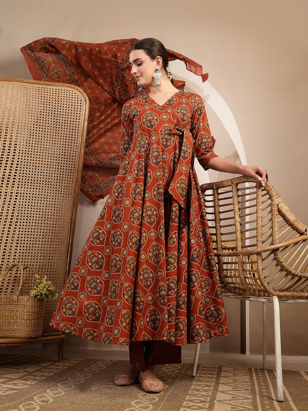 Gulmohar Jaipur Cotton Calf Length Printed 3/4 Sleeves V-Neck Anarkali Kurta Suit Set
